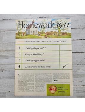 1944 Shell Oil “Homework” Ad WWII Petroleum Research U.S. Oil Production